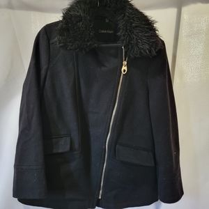 Calvin klein jacket with teddy fur collar size large, black
